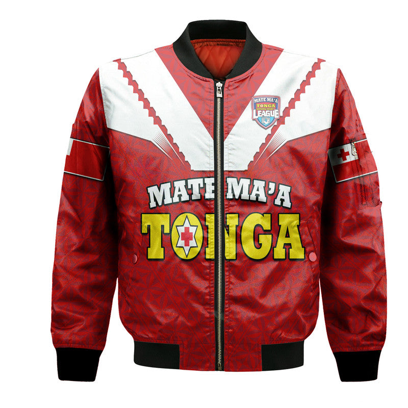 Red bomber jacket with black ribbed collar, zip front, and TONGA rugby graphic