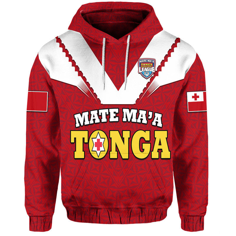 Red rugby hoodie with white shoulder panels, hood and drawstring, front graphic logo