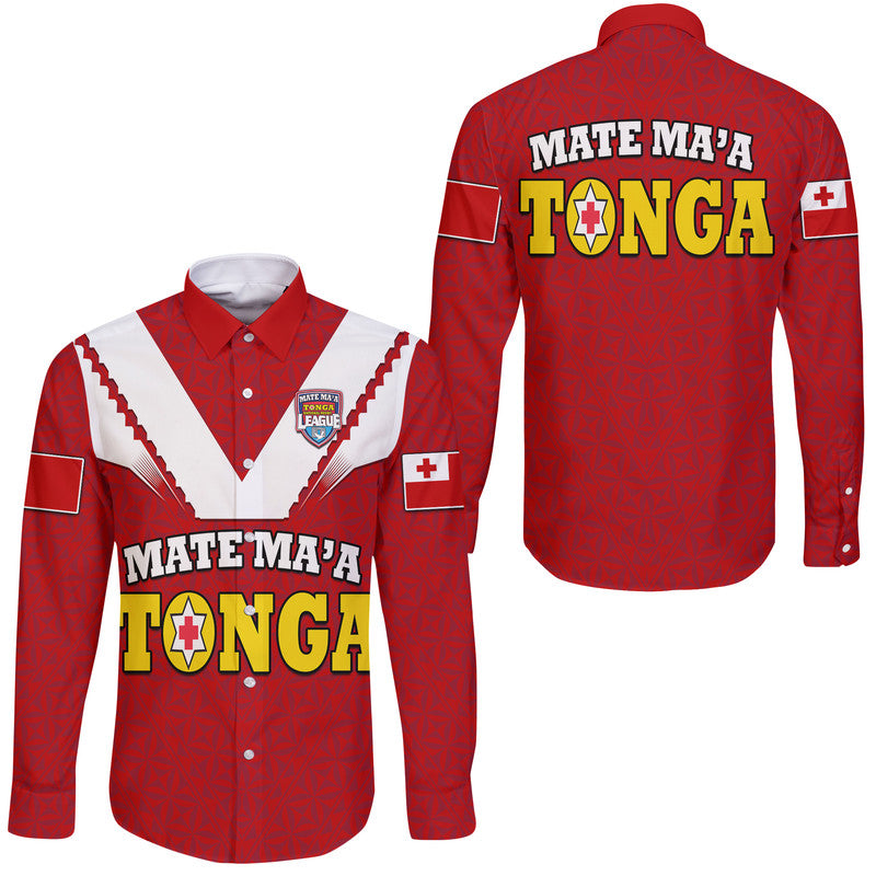 Red long sleeve rugby button shirt with TONGA back and front logo graphic