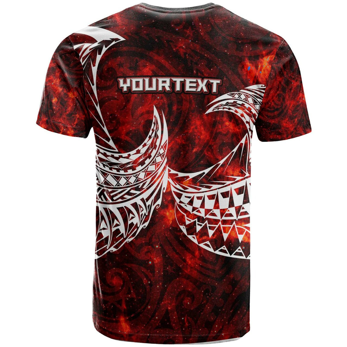 Red tee back with white Polynesian pattern and HOURTEXT logo
