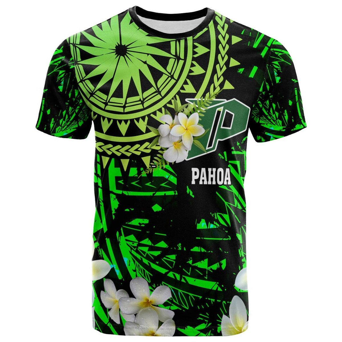 Green/black Polynesian graphic T-shirt with Pahoa text and plumeria flowers