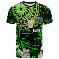 Green/black Polynesian graphic T-shirt with Pahoa text and plumeria flowers