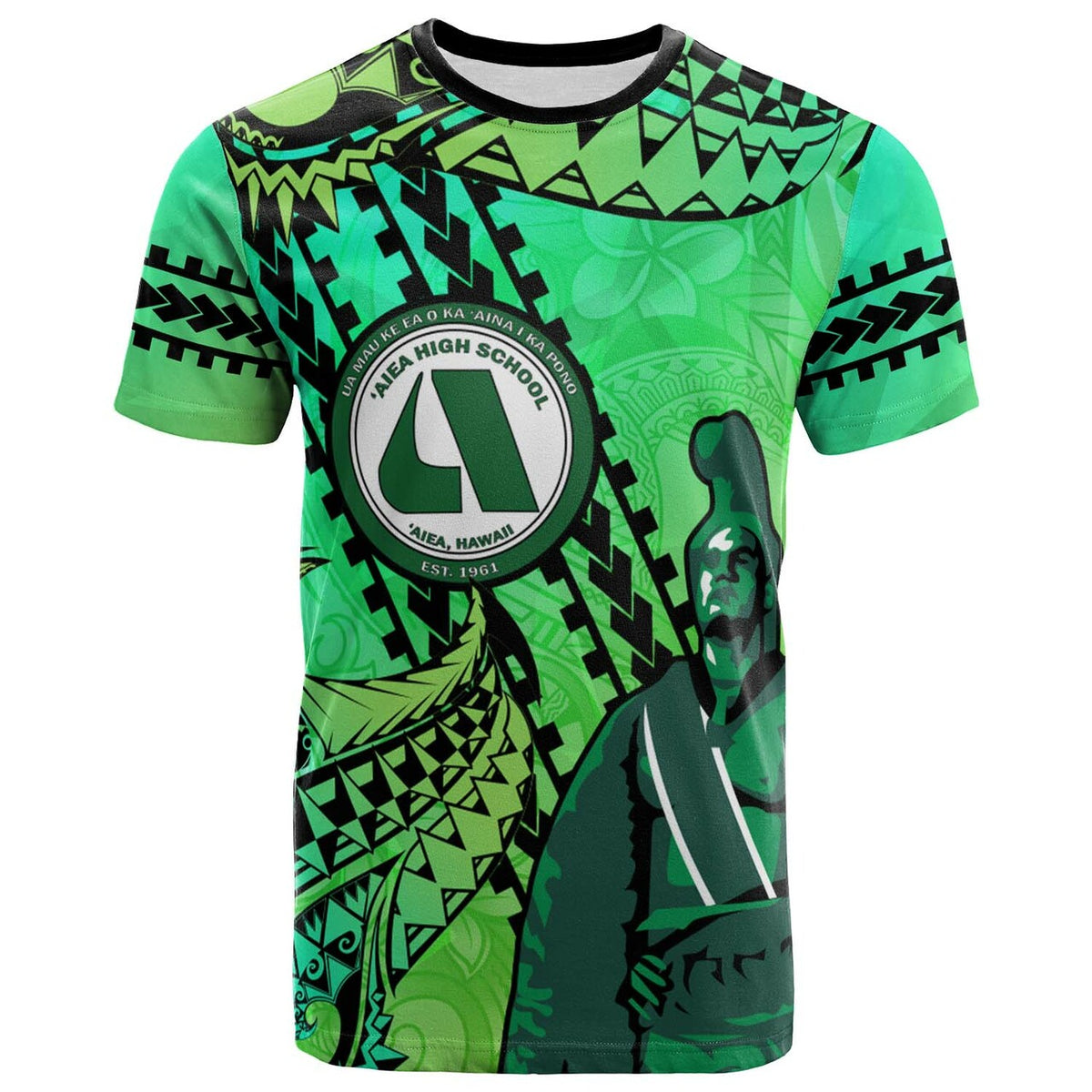 Green Aiea High School tribal T-shirt with central crest and sword graphic