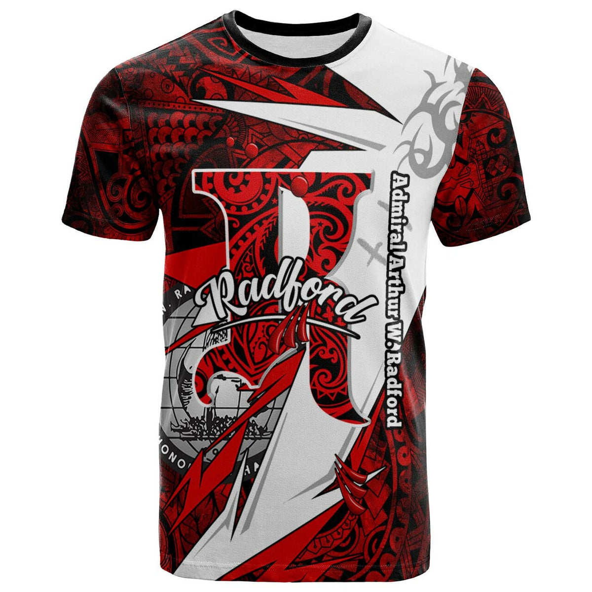 Red and white Polynesian graphic T-shirt with black trim, front tribal design