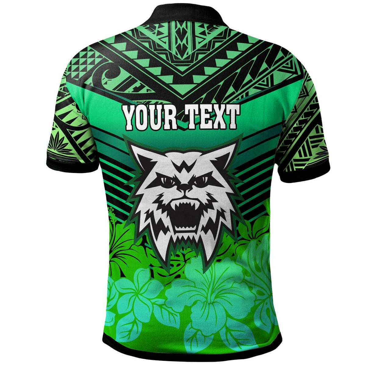 Green custom polo shirt back with YOUR TEXT, wolf mascot, Polynesian pattern yoke