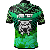 Green custom polo shirt back with YOUR TEXT, wolf mascot, Polynesian pattern yoke