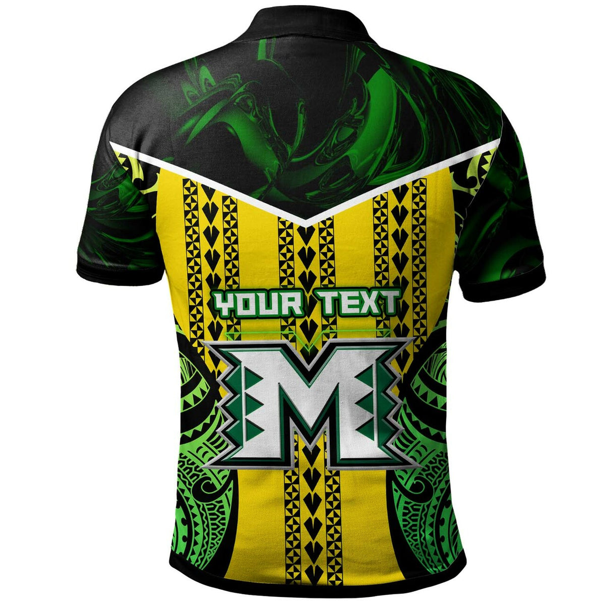 Custom polo shirt, dark green with yellow tribal panel and large letter M on back