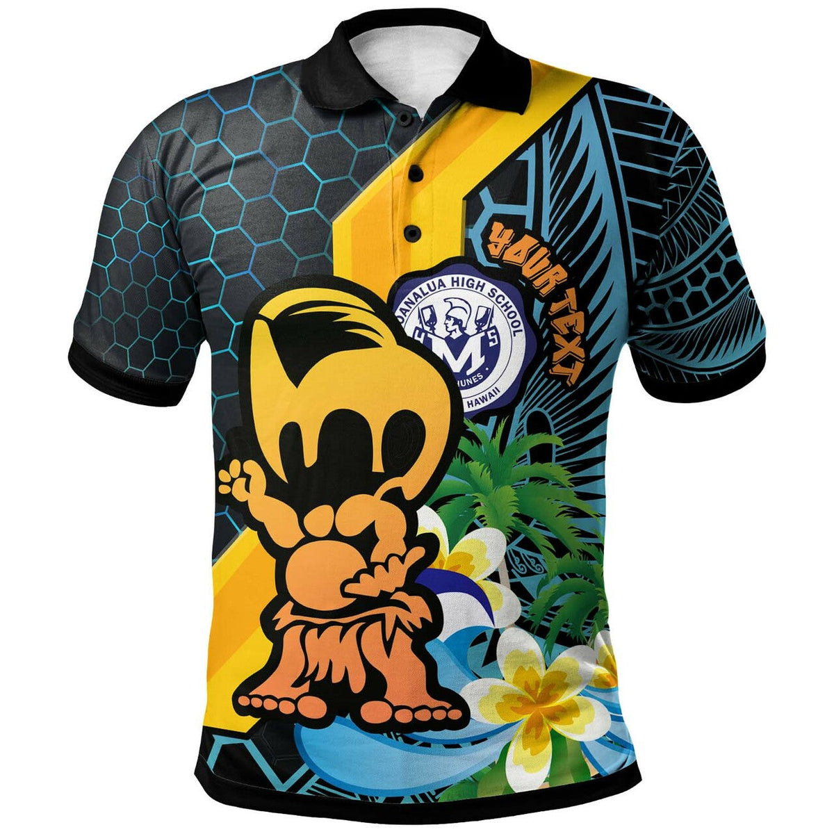 Blue polo shirt with honeycomb, tiki mascot graphic, and tropical flowers on front