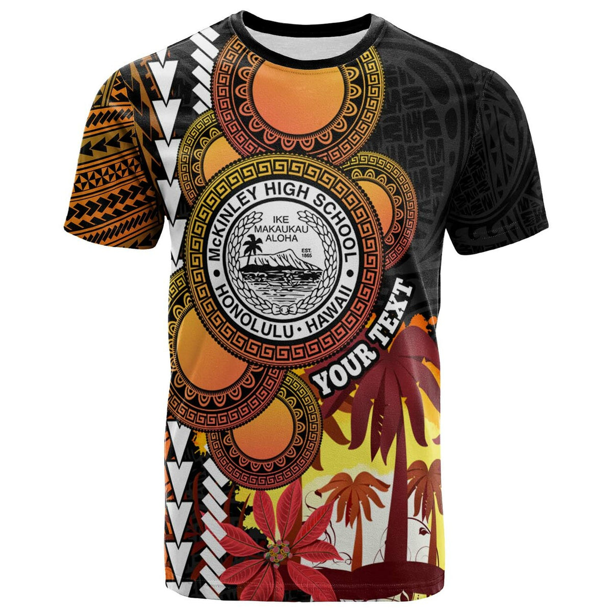 Custom Hawaii T-shirt with tribal oval school logo and floral palm print, dark base