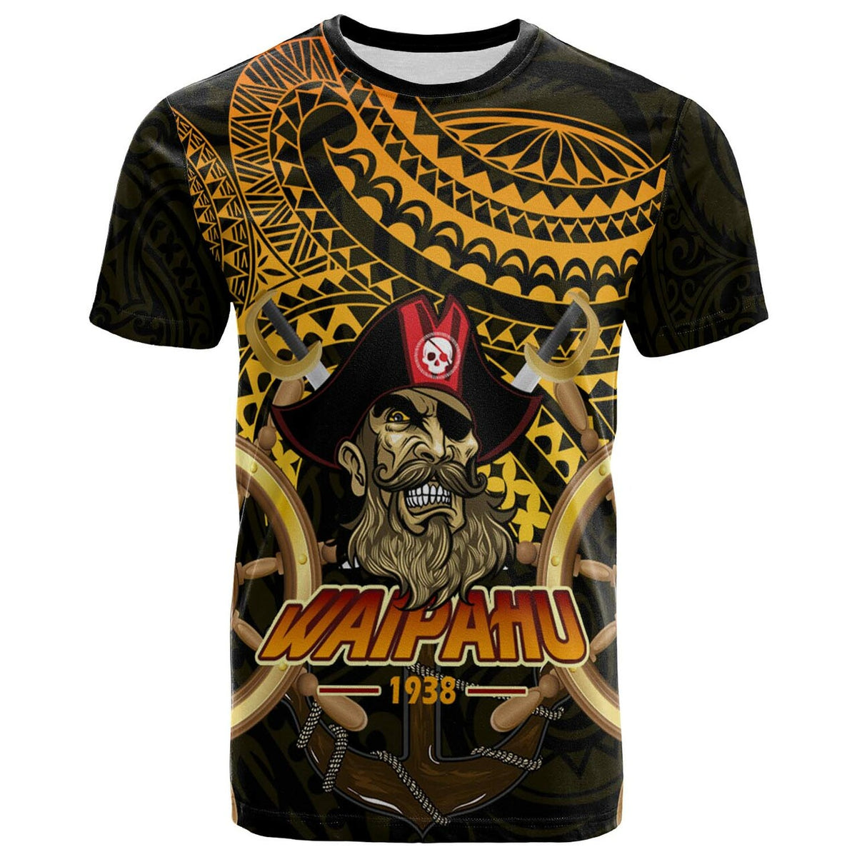 Dark custom T-shirt with gold Polynesian tribal print, pirate hat graphic and Waipahu 1938