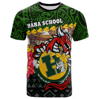 Green crewneck T-shirt with Polynesian dragon and Hana School front graphic