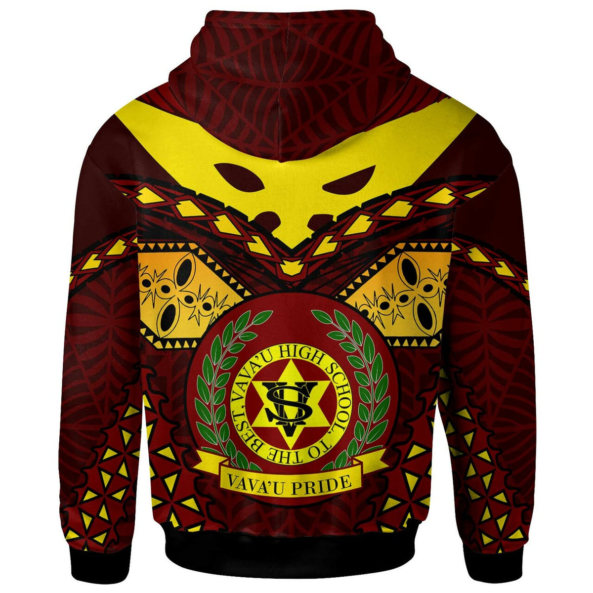 Red pullover hoodie back with Polynesian crest emblem and leaf wreath, hood up