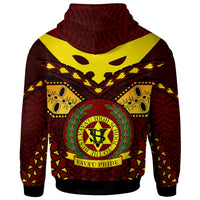 Red pullover hoodie back with Polynesian crest emblem and leaf wreath, hood up