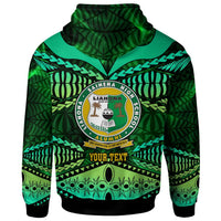 Green pullover hoodie front graphic with crest and 'YOUR TEXT' banner, tribal print