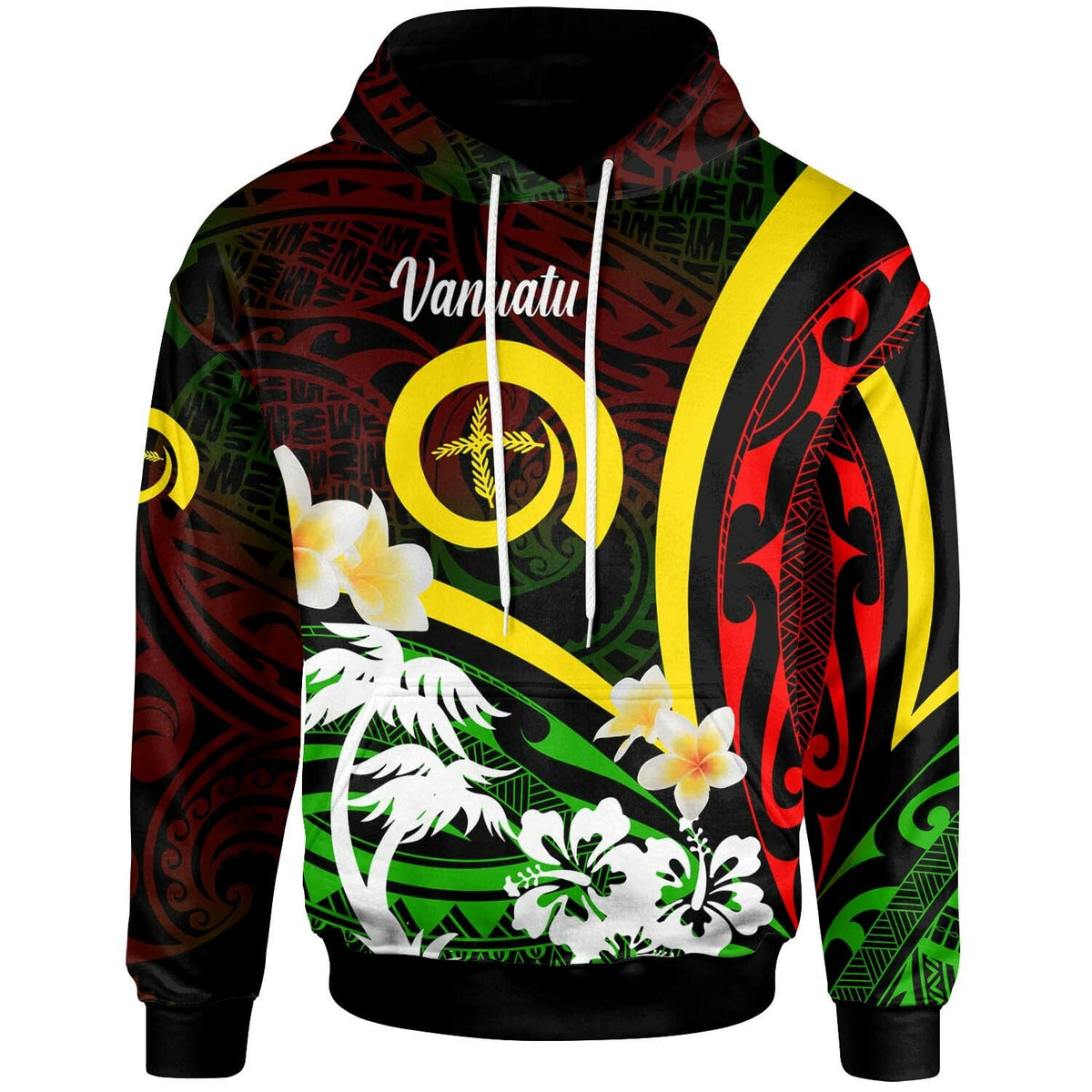 Black pullover hoodie with red/green Polynesian patterns and plumeria front graphic