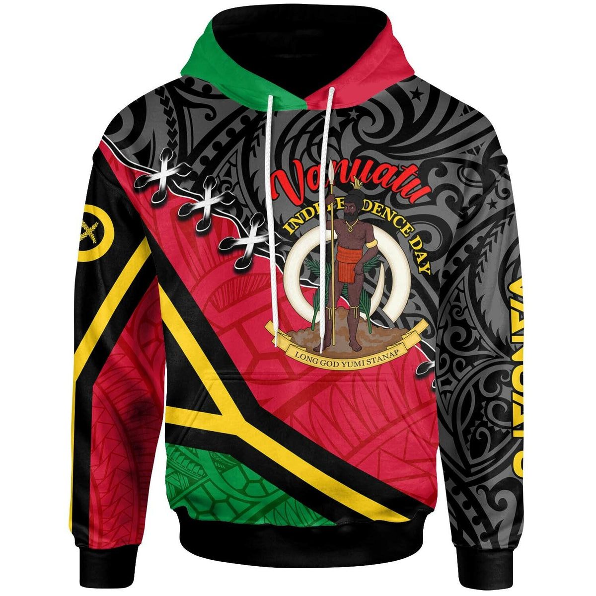 Pullover hoodie, colorful flag print with laced cross and coat-of-arms emblem