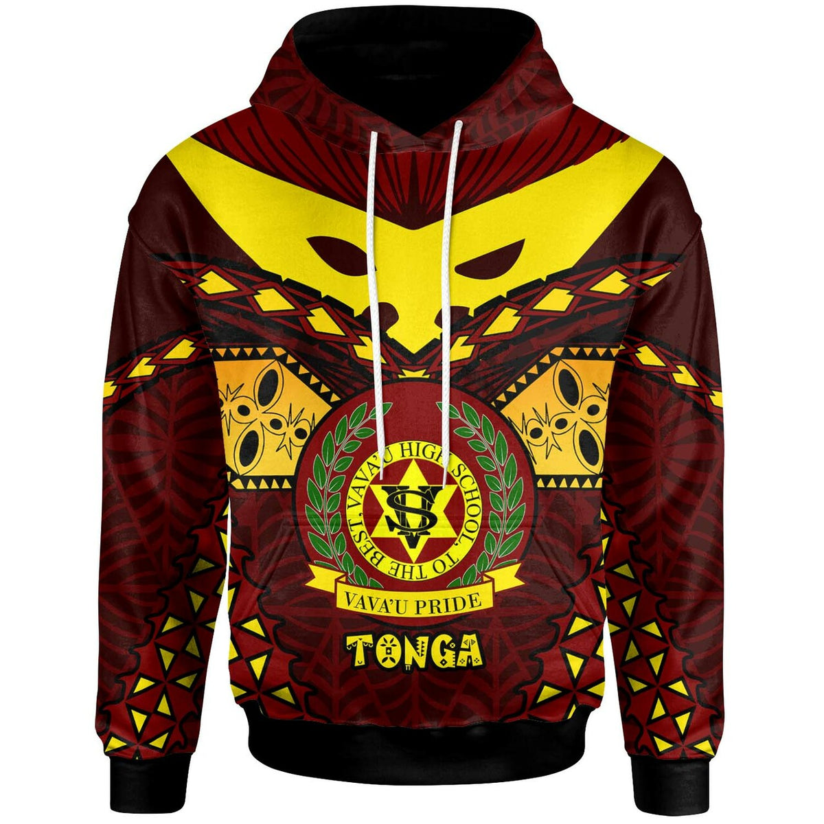 Red pullover hoodie with hood, white drawstrings, and bold Polynesian crest graphic