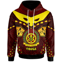 Red pullover hoodie with hood, white drawstrings, and bold Polynesian crest graphic
