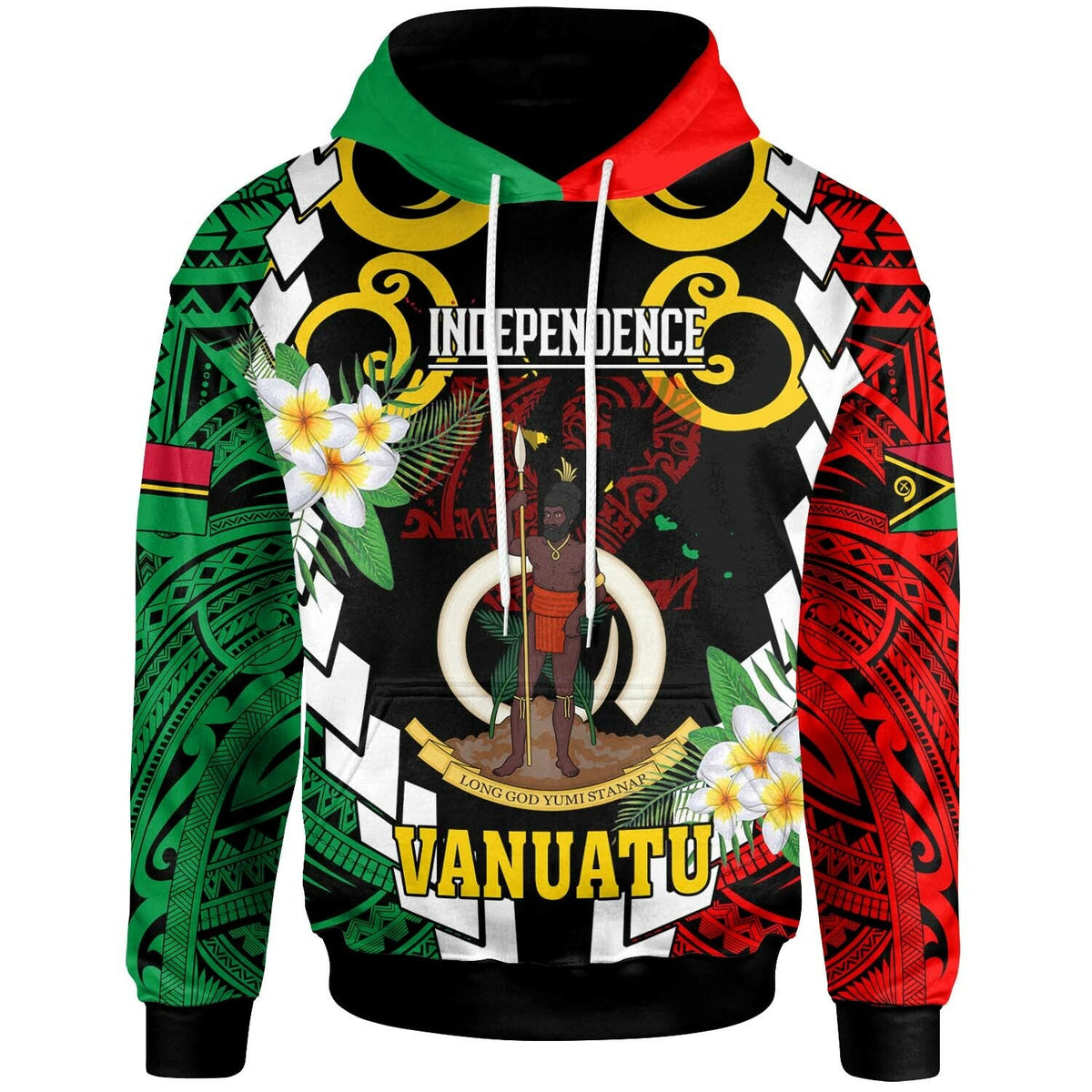 Green red black hoodie with polynesian pattern, plumeria, Independence graphic