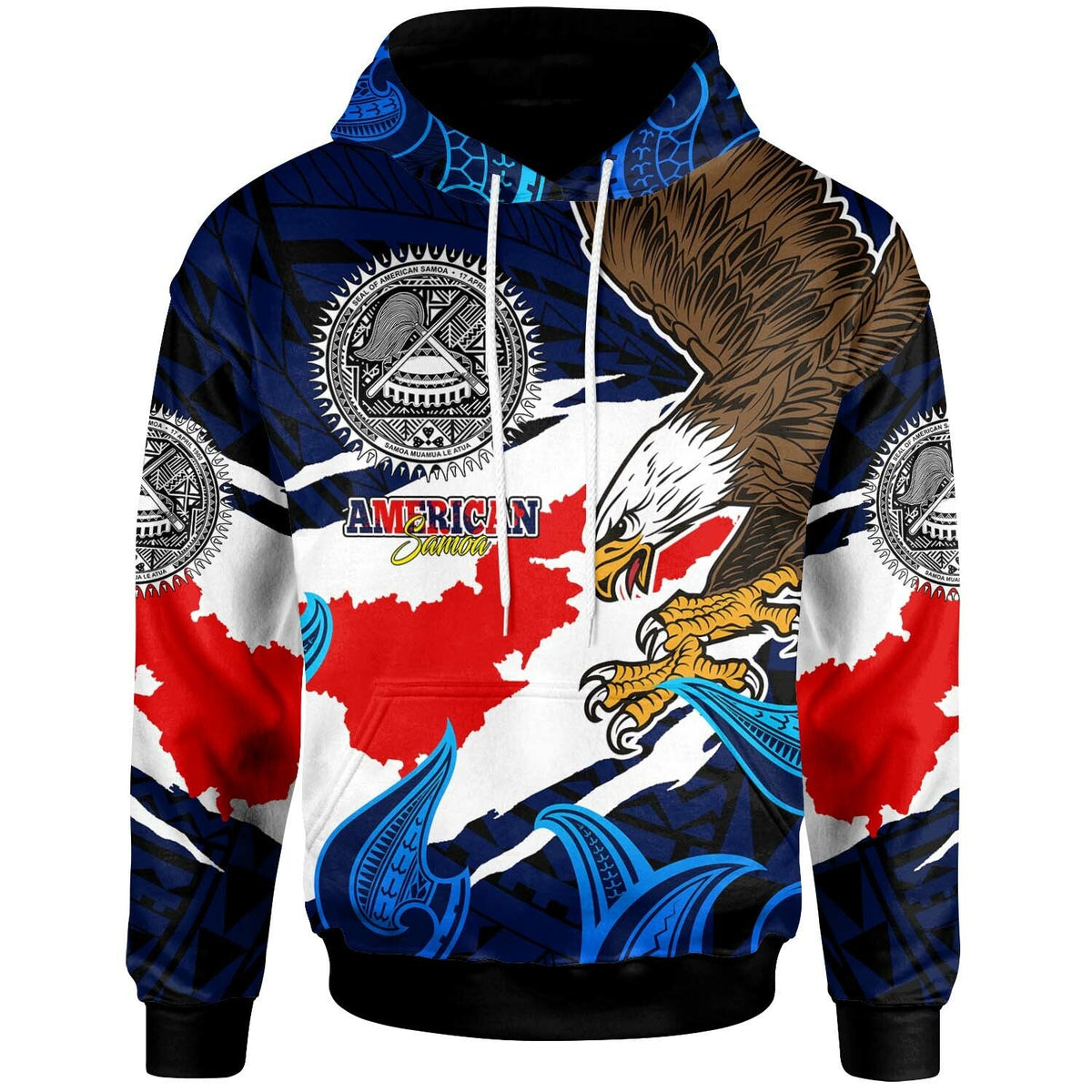 Hoodie pullover schwarz, Frontdruck mit Samoa-Karte, Adler und polynesischem Muster