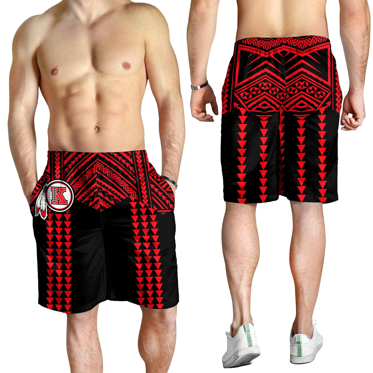 Model wearing black swim shorts with red geometric stripes and crest logo