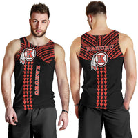Black tank top shown front and back; red pattern with Kahuku logo and crest