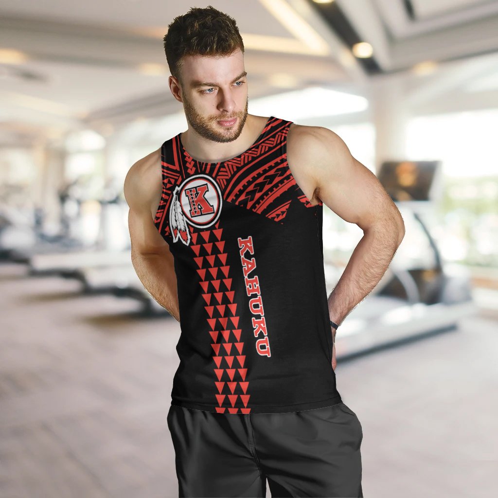 Black men’s tank top with red geometric print and Kahuku crest at chest