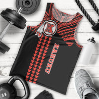 Black athletic tank top flat lay with red tribal pattern, vertical Kahuku text, crest