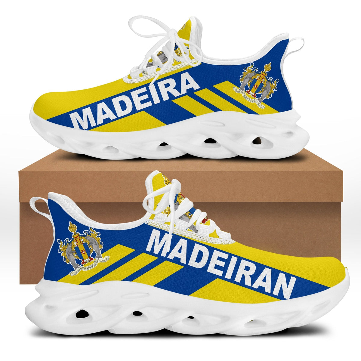 Clunky sneakers with blue-and-yellow stripe upper, white sole, white laces