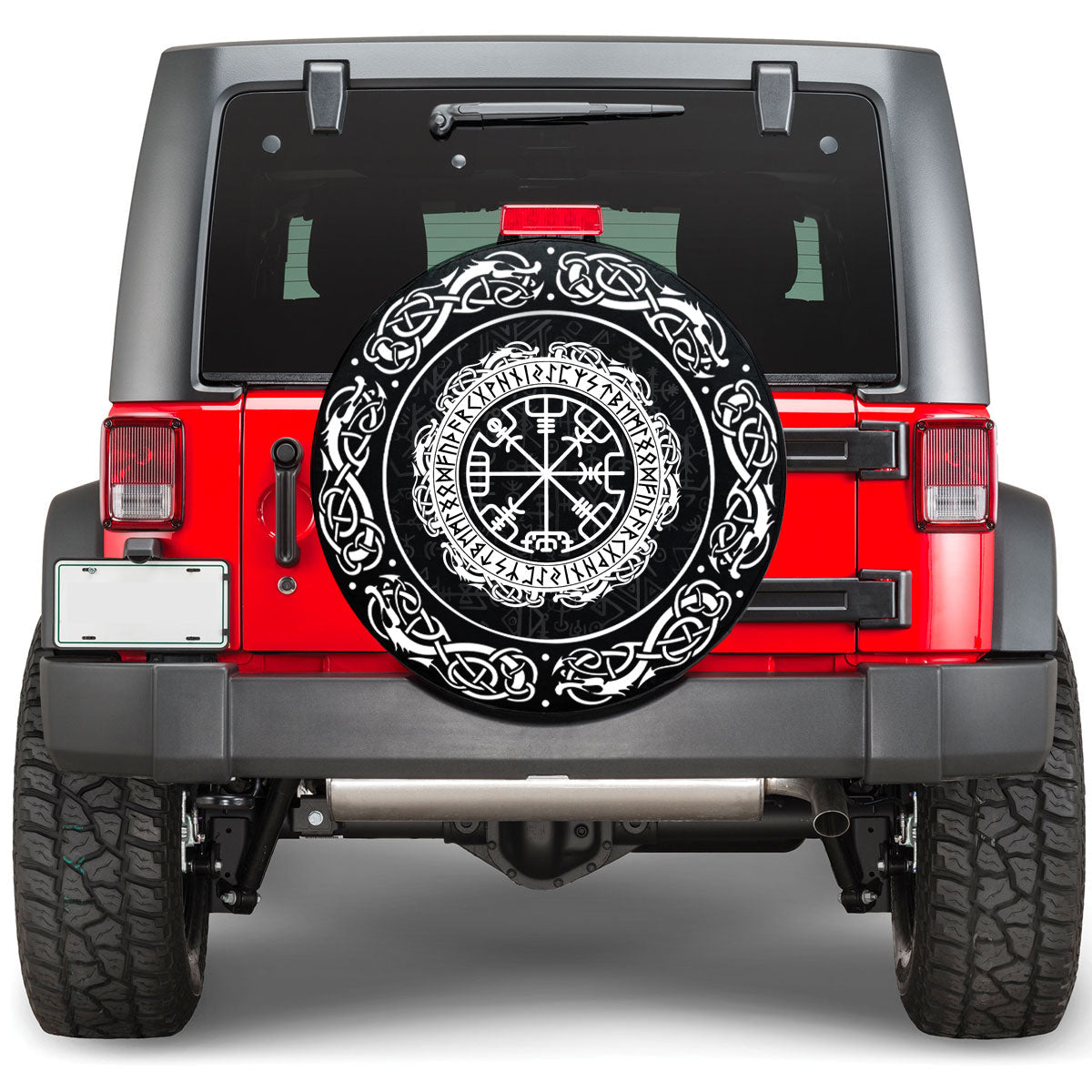 Viking Vegvisir runic compass spare tire cover, circular black and white design