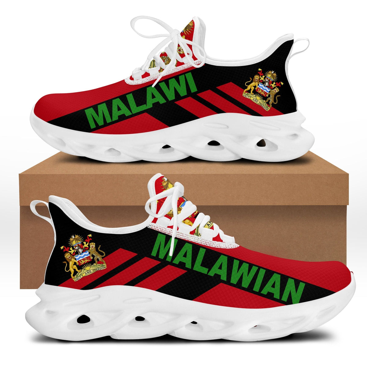 Red and black Malawi-pattern chunky sneakers, white sole, lace-up with green “MAWI” text