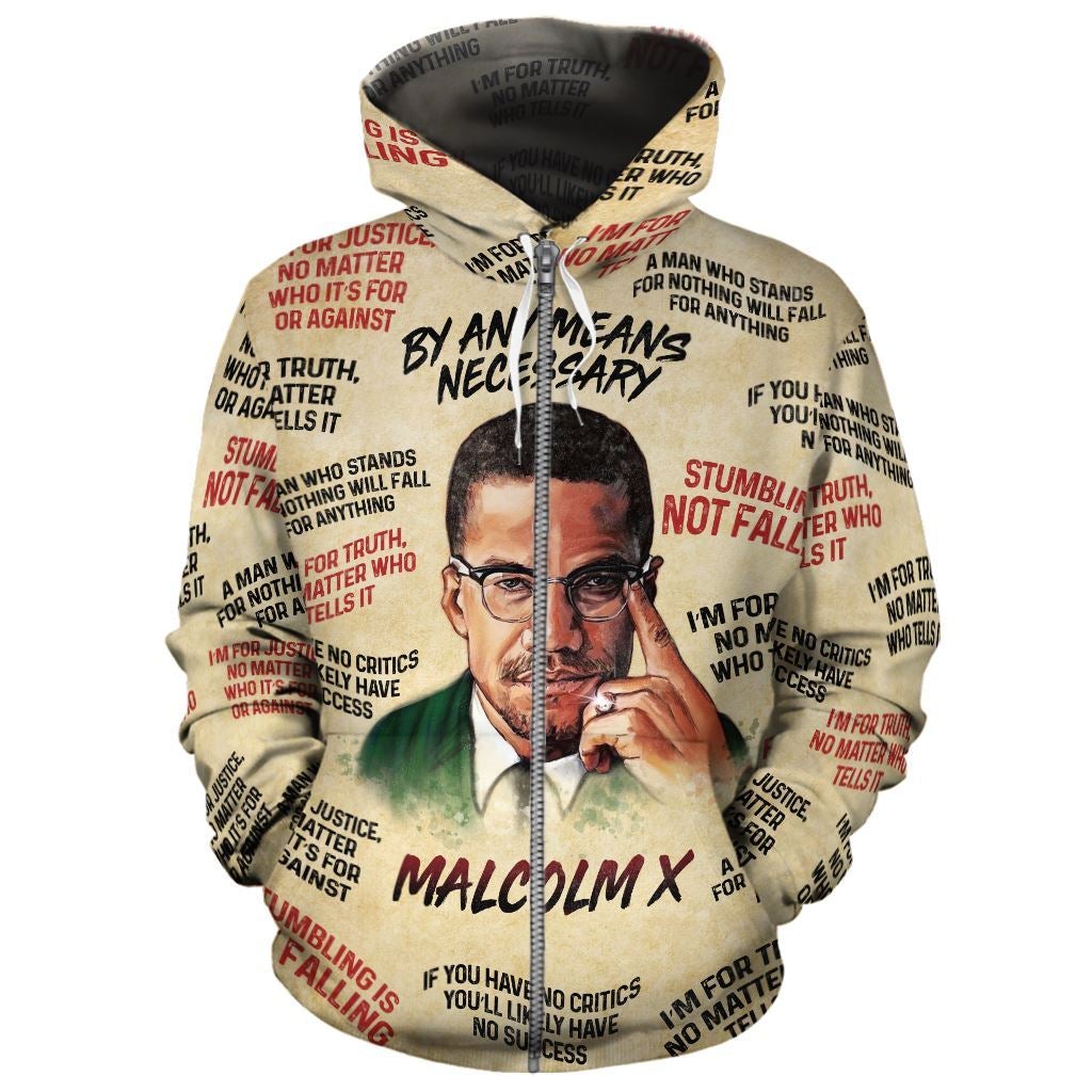 Multicolor graphic Malcolm X zip hoodie, beige base, full front portrait and quotes