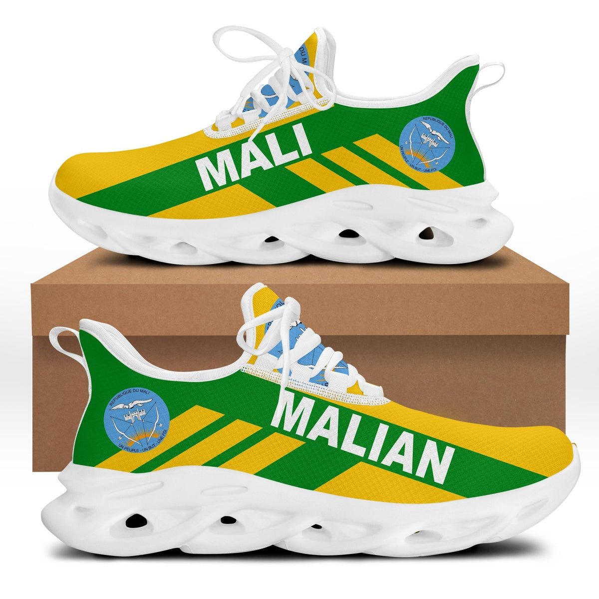 Clunky Mali stripe sneakers with white sole, green and yellow graphic upper
