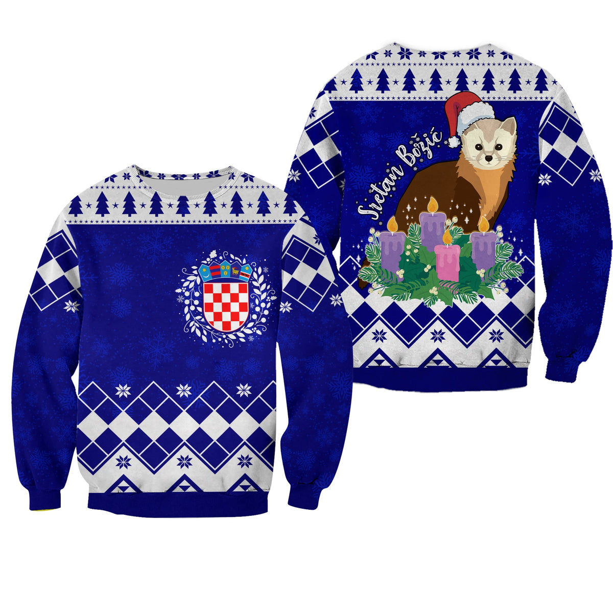Unisex blue Christmas sweatshirt, front crest and back marten with wreath