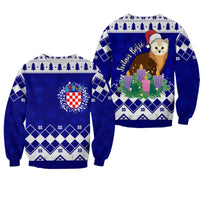 Unisex blue Christmas sweatshirt, front crest and back marten with wreath