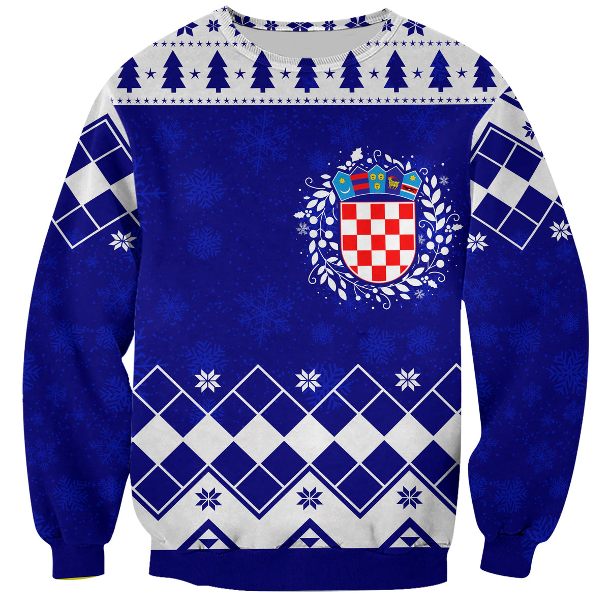 Blue Christmas sweatshirt with Croatia shield, diamond and snowflake pattern