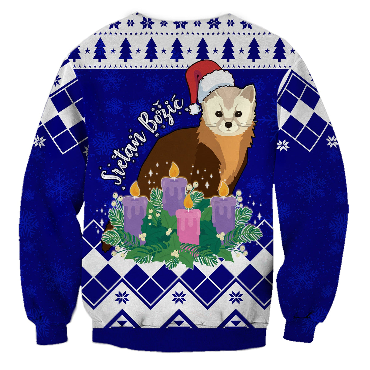 Blue Christmas sweatshirt with marten on wreath, candles and argyle trim