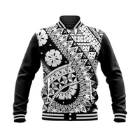 Black unisex baseball jacket with geometric Polynesian-style print and striped ribbed collar