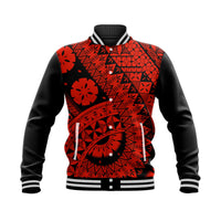 Red varsity baseball jacket with black sleeves, Polynesian-style graphic front