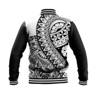 Back view: black-and-white Polynesian-print baseball jacket with striped ribbed collar and hem