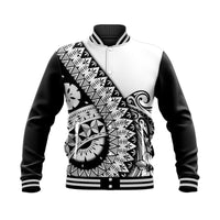 Black & white Polynesian-print baseball jacket, varsity snap collar, ribbed cuffs