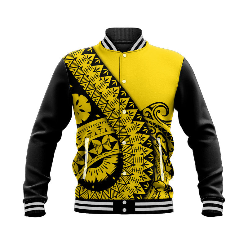 Gold and black baseball jacket with button front, ribbed collar, and tribal print