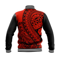 Back view: red baseball jacket with black sleeves, bold Polynesian-style graphic, striped hem cuffs