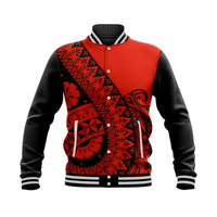 Red baseball jacket, black sleeves, Polynesian-style graphic front, snap buttons, striped trim