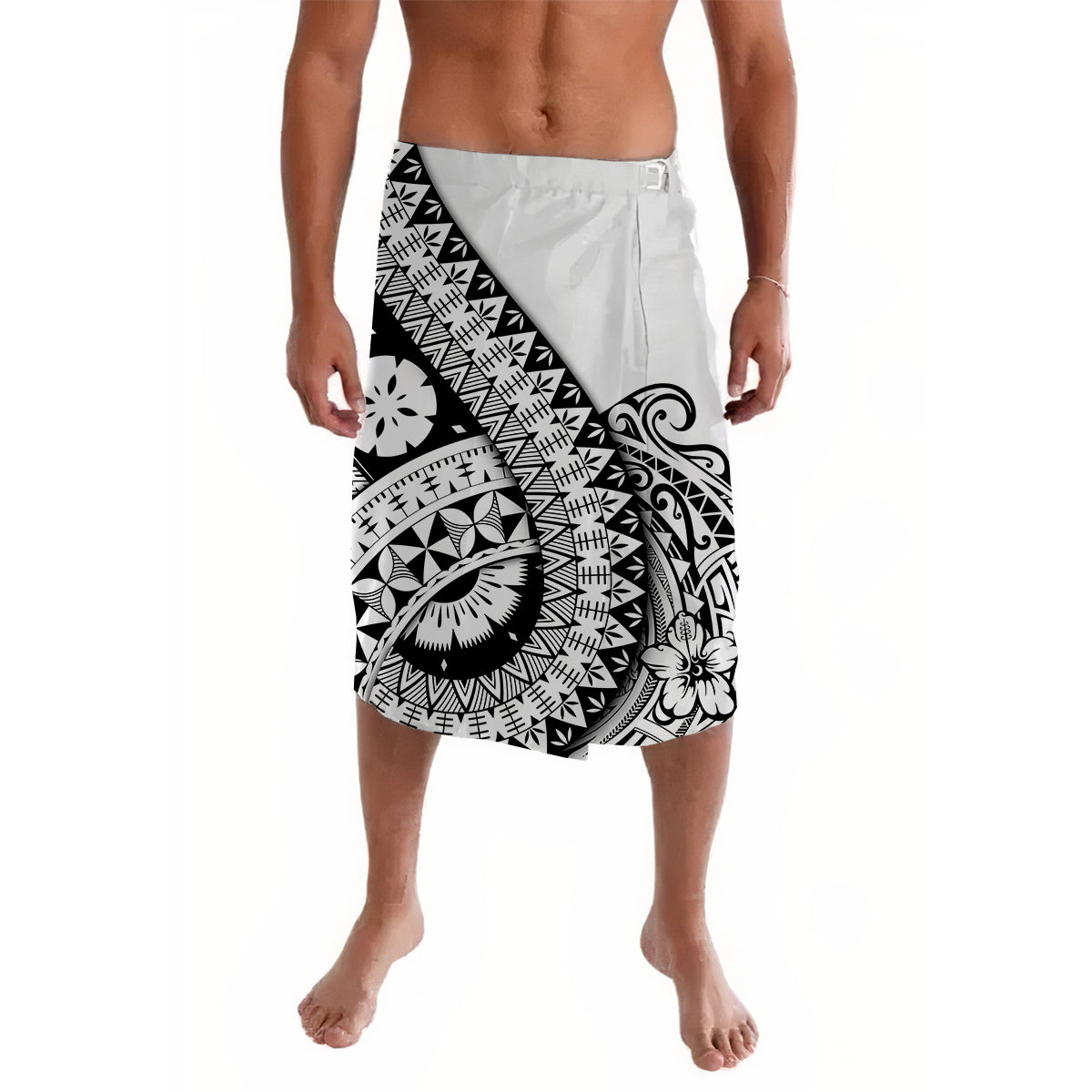 Black and white patterned lavalava skirt with geometric tribal motifs, draped cut