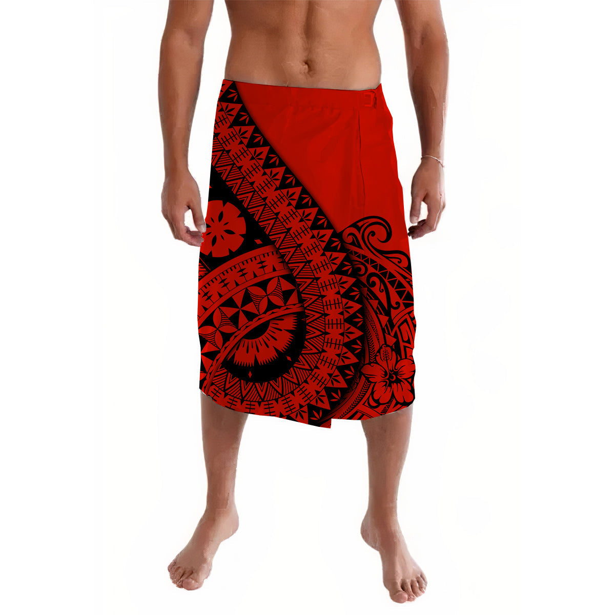 Red and black patterned lavalava skirt with geometric motifs and diagonal panel