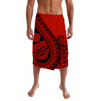 Red and black patterned lavalava skirt with geometric motifs and diagonal panel