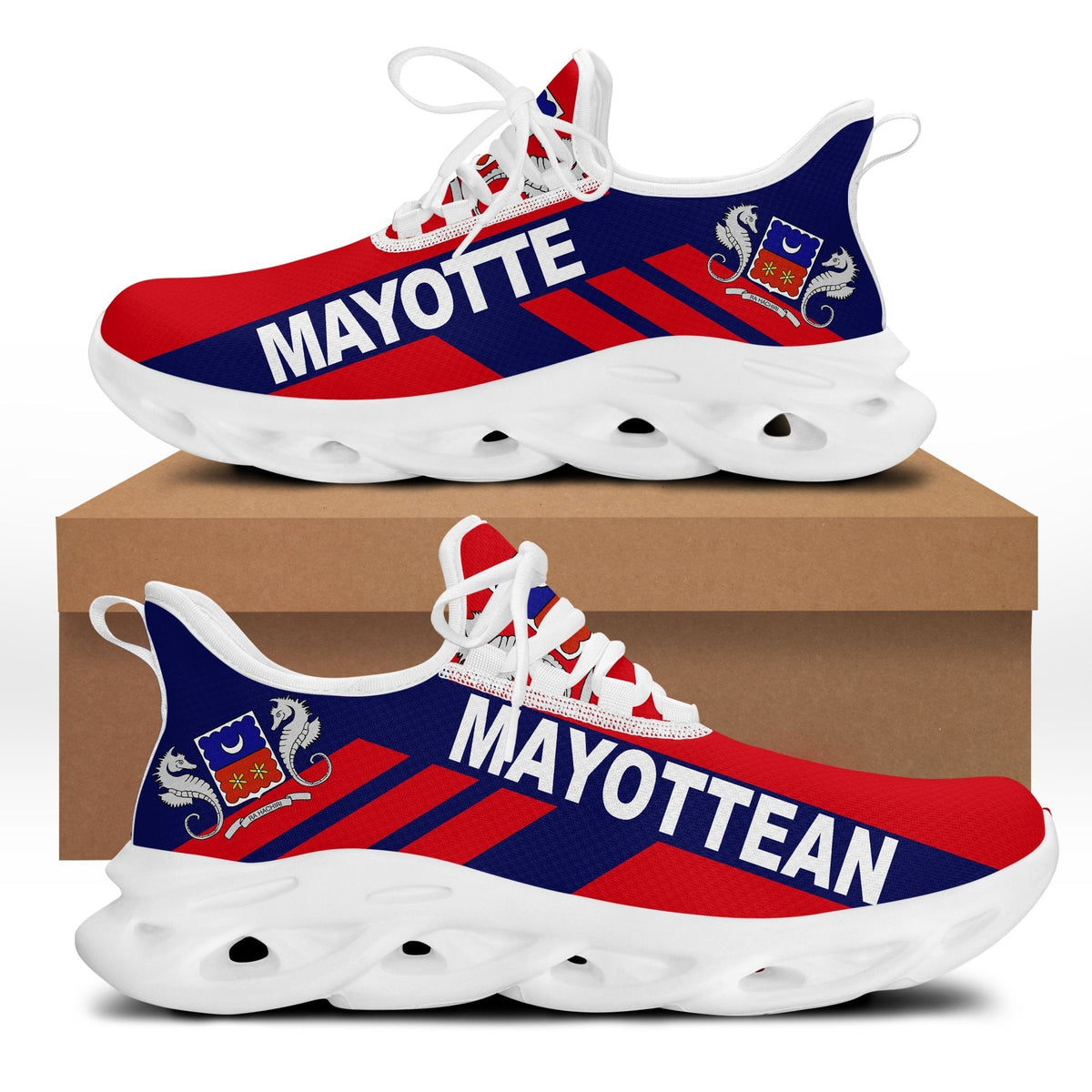 Mayotte stripe clunky sneakers, white sole, red/blue upper, lace-up side view