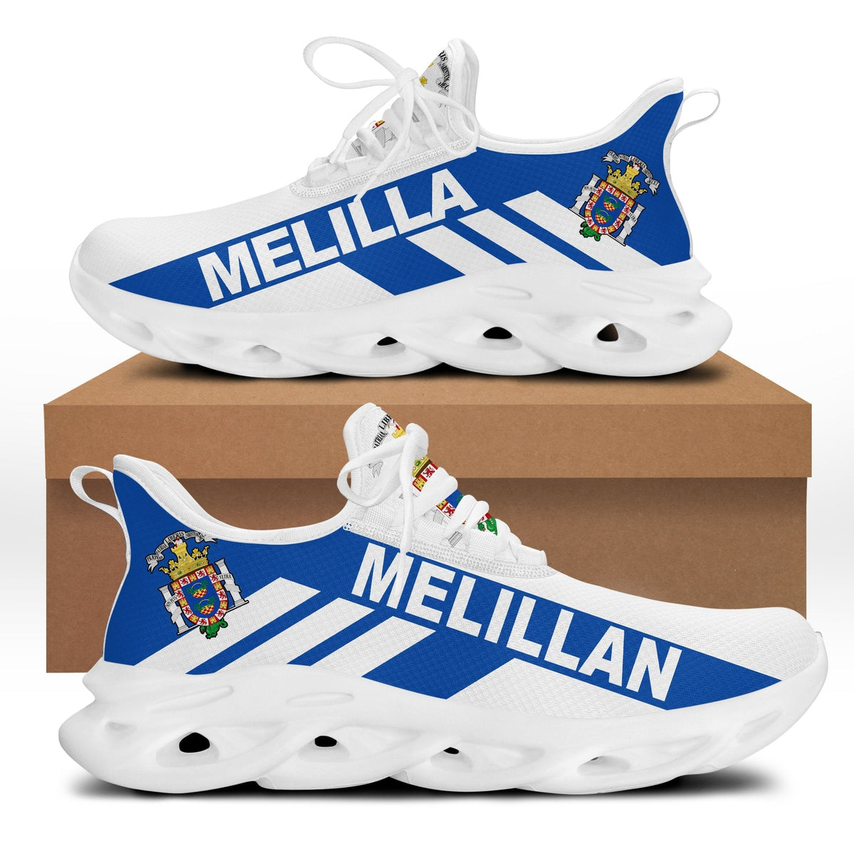 White and blue clunky sneakers with MELILLA stripe graphic and crest, white sole, laces