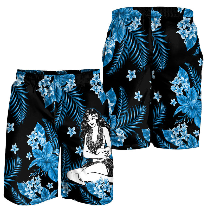 Men's swim shorts, black with blue floral palm print and hula girl graphic, elastic waist